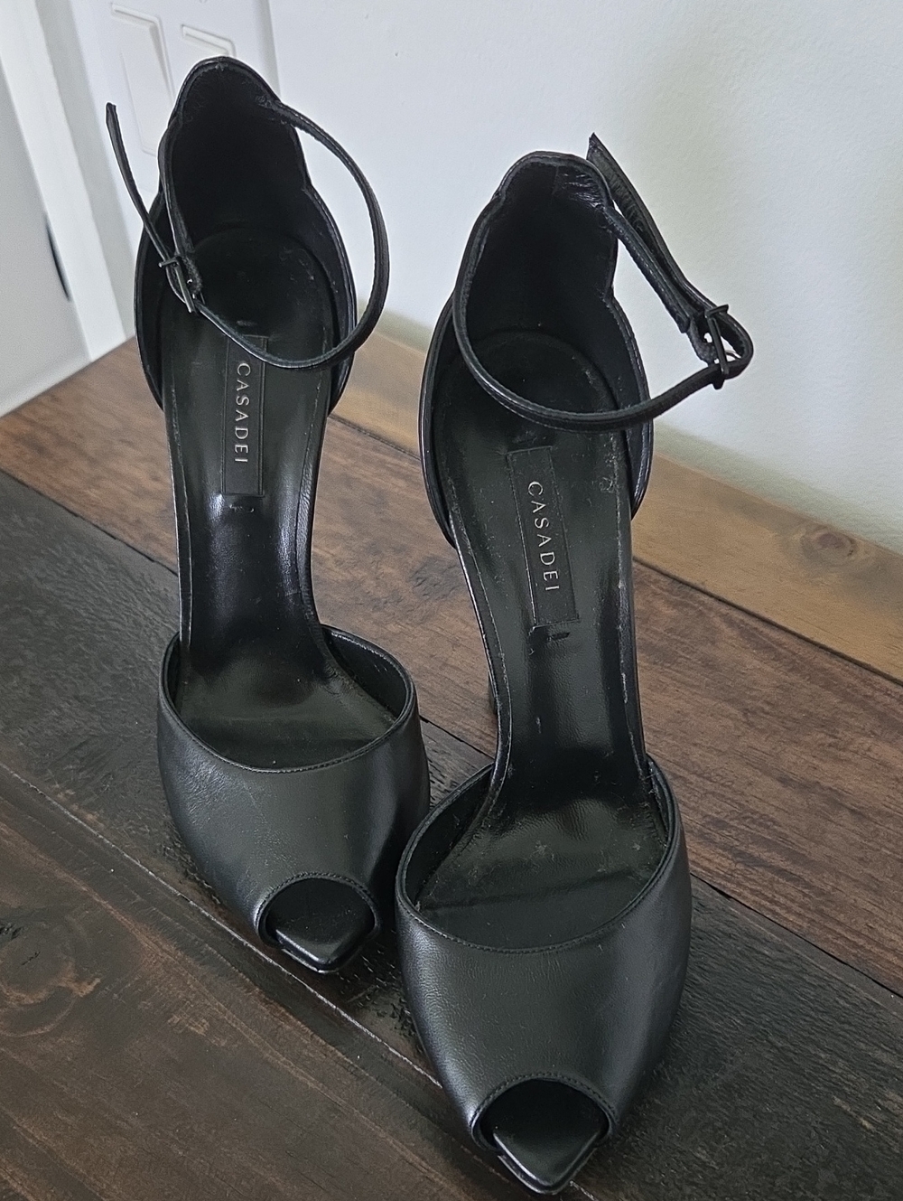 Casadei Black Open-Toe Ankle-Strap Heels
